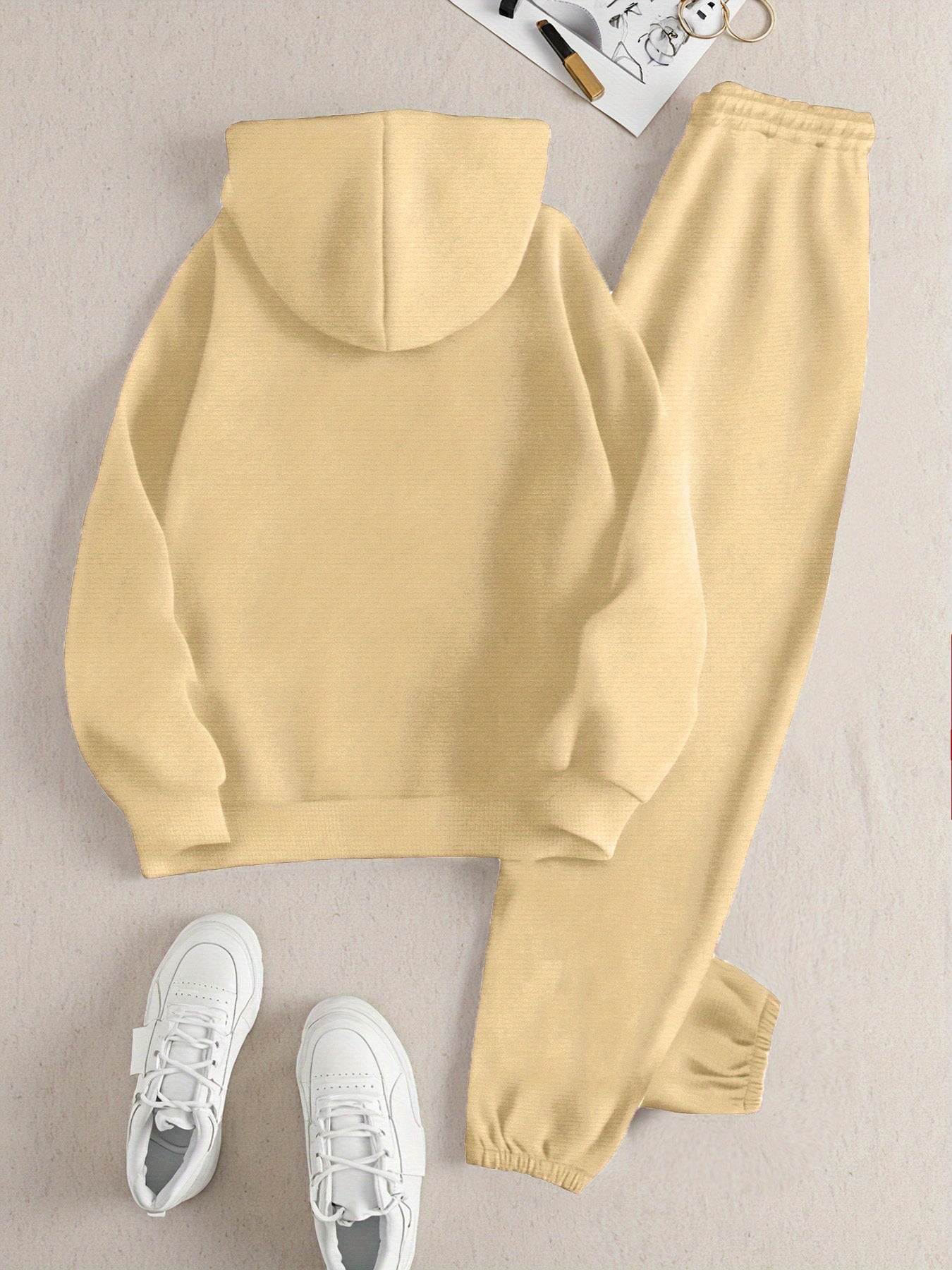 2025 Autumn Winter New Arrival, Christian Religious Letter Print Hoodie, Casual Loose Fit Warm Long Sleeve Pullover with Drawstring Waist and Pants Two-Piece Set, Women' Ribbed Two Piece Sweater Set, Airport Outfit For Women