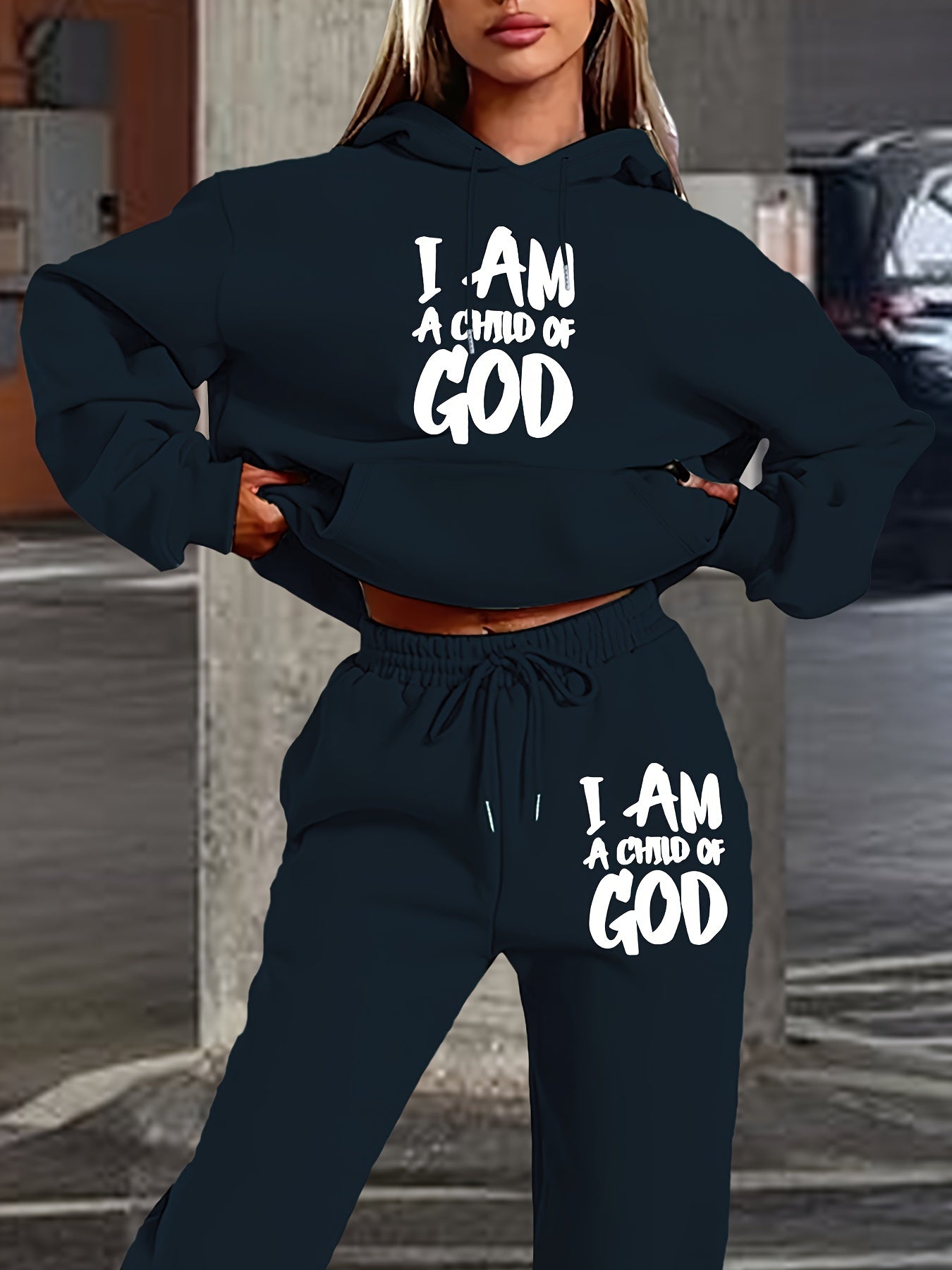 [New "I Am a of God" Hoodie Set] 2024 New Women's Casual "I Am a of God" Print Hoodie & Sweatpants Set, Beige, Long Sleeve Hooded Pullover with Pockets, Comfortable Polyester Blend for Fall/Winter