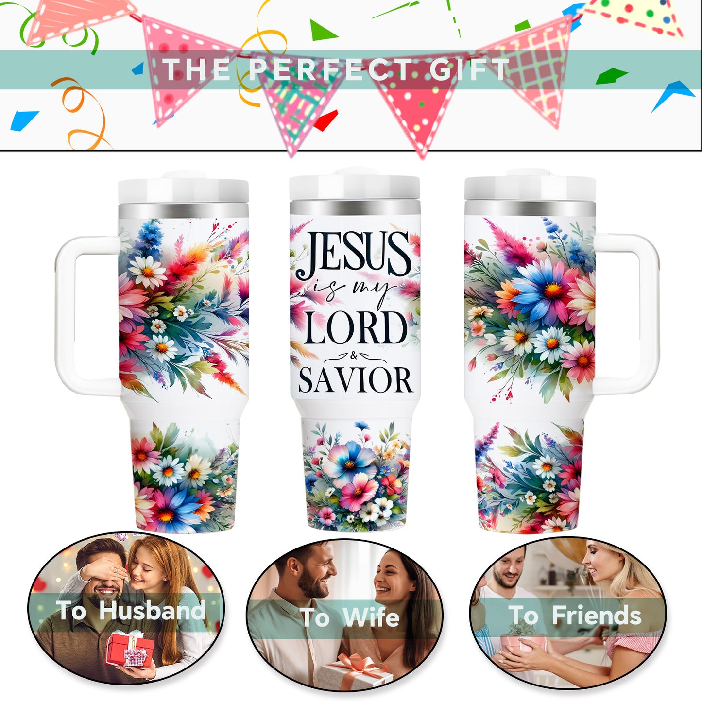 40oz Double Insulated, Tumbler with Lid and Straw, Christian, Floral, BPA-Free