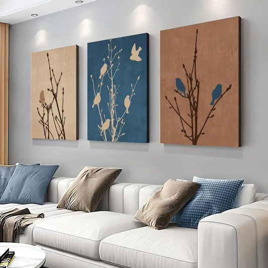 3 Pieces 2D Flat Bird Perch Art Decoration Wrapped Canvas Wall Art
