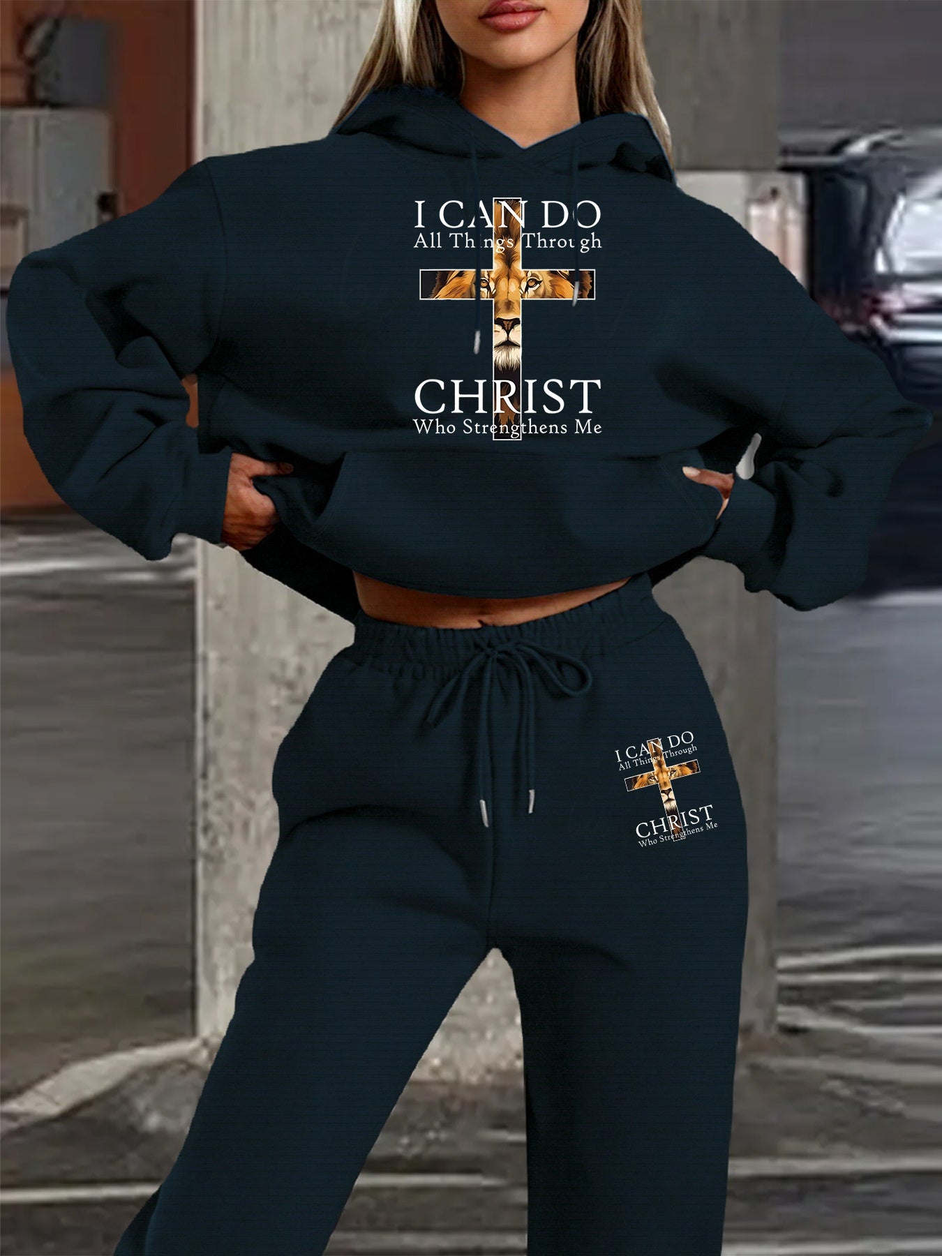 2025 Autumn Winter New Arrival, Christian Religious Letter Print Hoodie, Casual Loose Fit Warm Long Sleeve Pullover with Drawstring Waist and Pants Two-Piece Set, Women' Ribbed Two Piece Sweater Set, Airport Outfit For Women