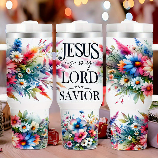 40oz Double Insulated, Tumbler with Lid and Straw, Christian, Floral, BPA-Free