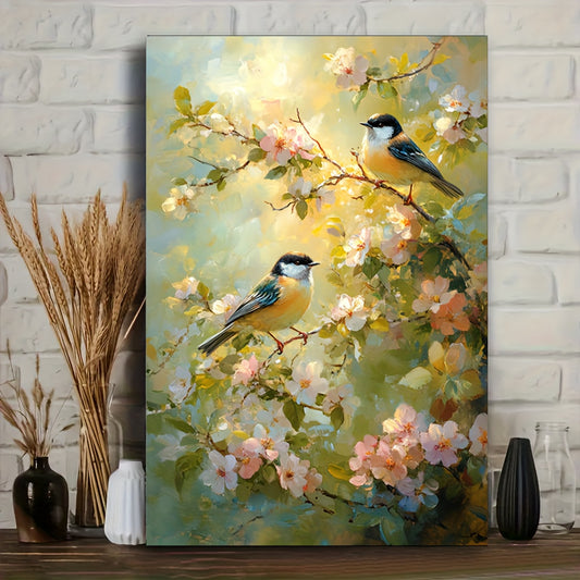 Serene Birds On Flower Branches In Wood Frame Canvas