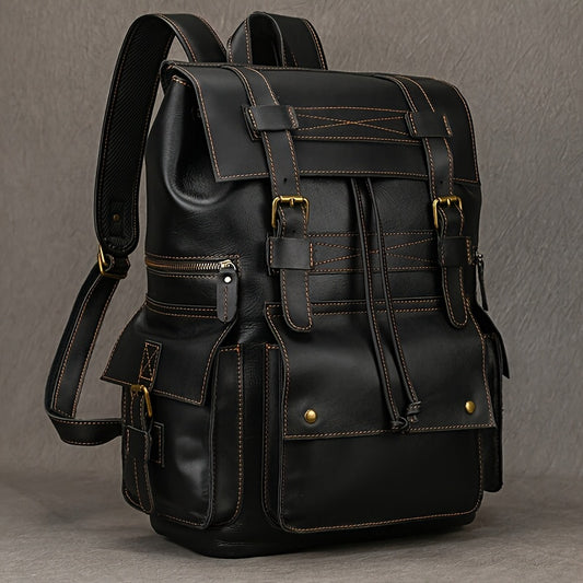 Vintage Leather Travel Backpack, 17" Business Laptop Bag for Men - Genuine Faux Horsehide, Multiple Pockets, Adjustable Straps, Lightweight, Daily Commute Shoulder Bag, Commute Bag | Minimalist Style | Durable Zipper Closure,