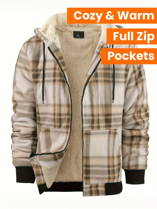 Divine Power Mens Plaid Fleece Hooded Jacket With Zipper