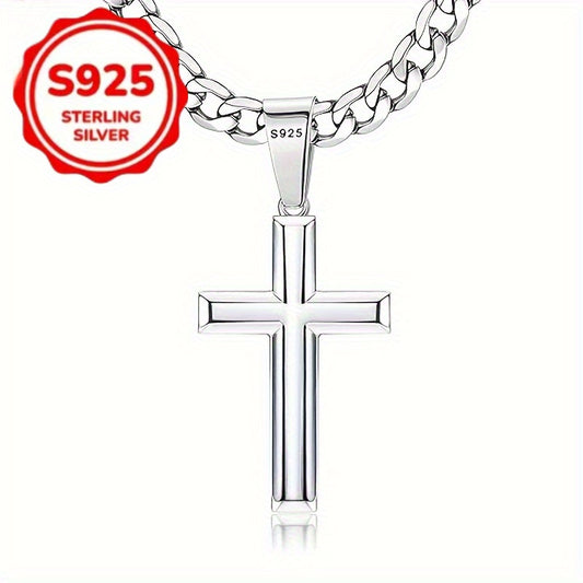 Divine Power Cuban Chain Silver Cross Pendant Necklace