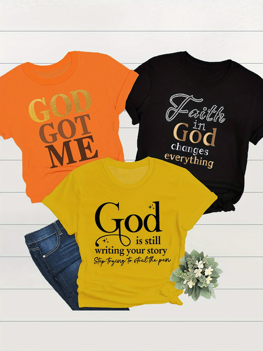 Divine Power Crew Neck Letter Print T-Shirt Women Spring