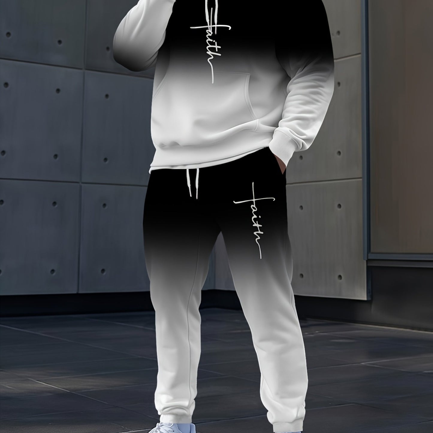 Gray Gradient Full-Body Print Hoodie & Sweatpants Set - Casual Long Sleeve Pullover
