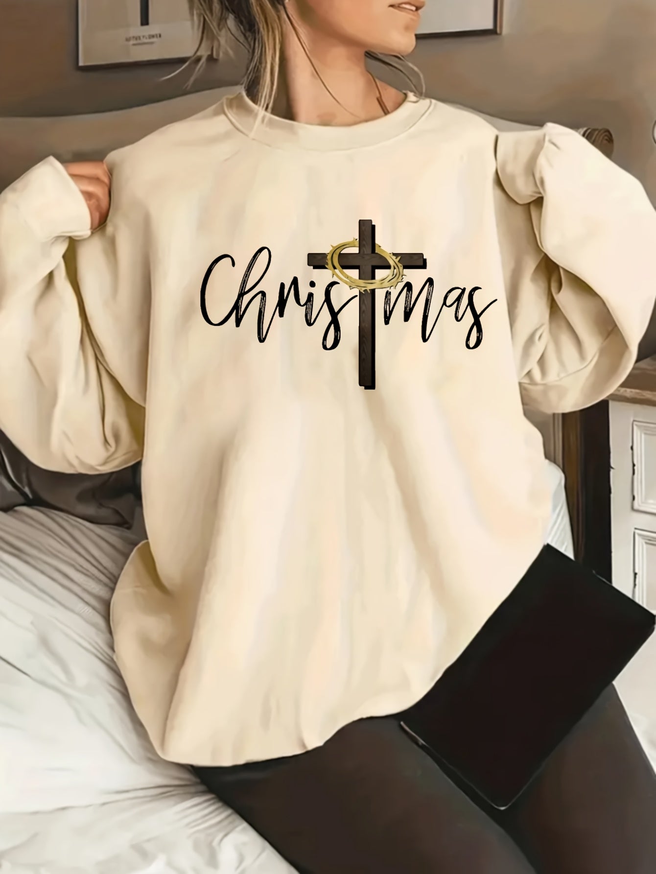 Oversized Crewneck Sweater With Cross Print