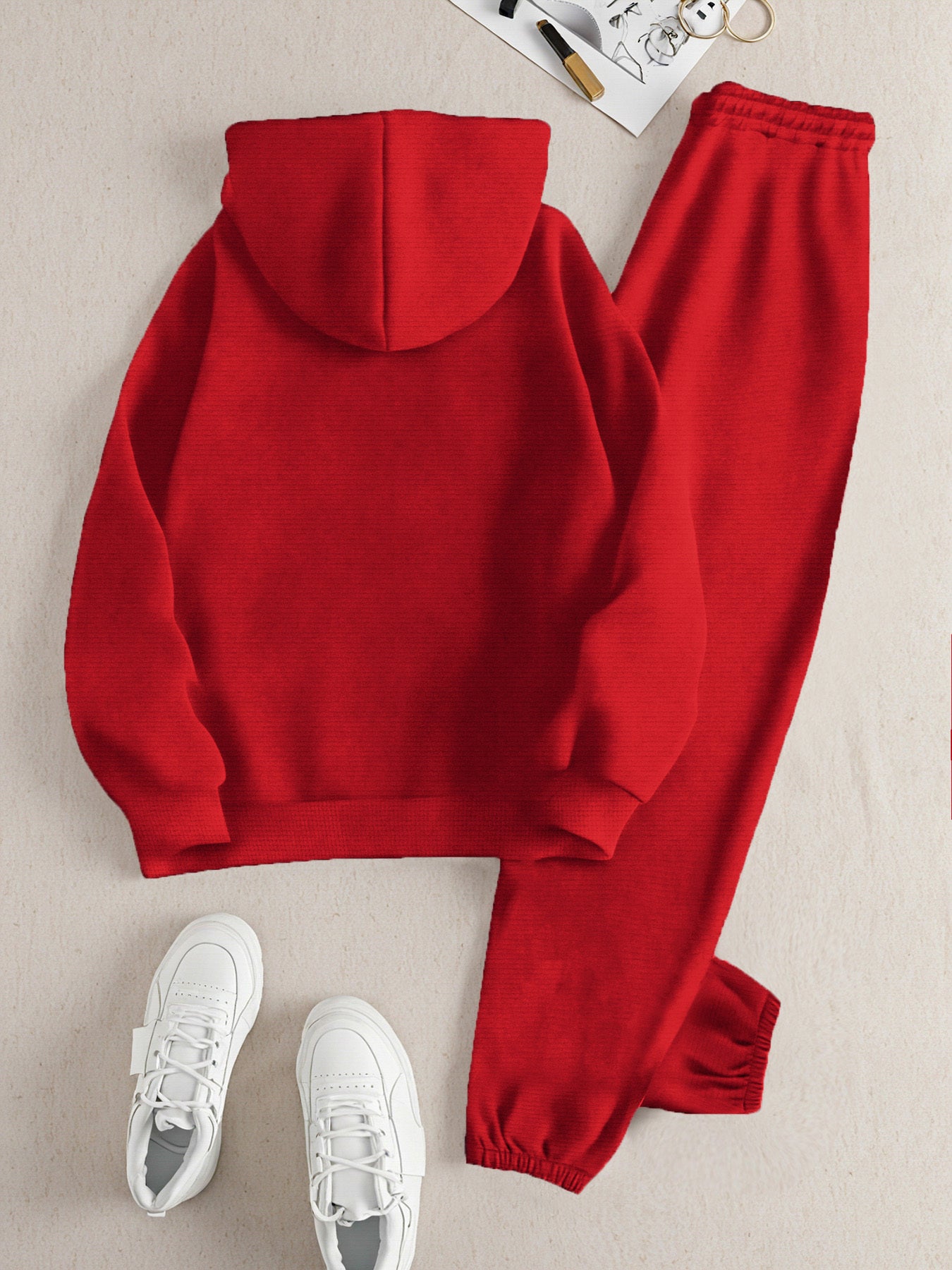 2025 Autumn Winter New Arrival, Christian Religious Letter Print Hoodie, Casual Loose Fit Warm Long Sleeve Pullover with Drawstring Waist and Pants Two-Piece Set, Women' Ribbed Two Piece Sweater Set, Airport Outfit For Women