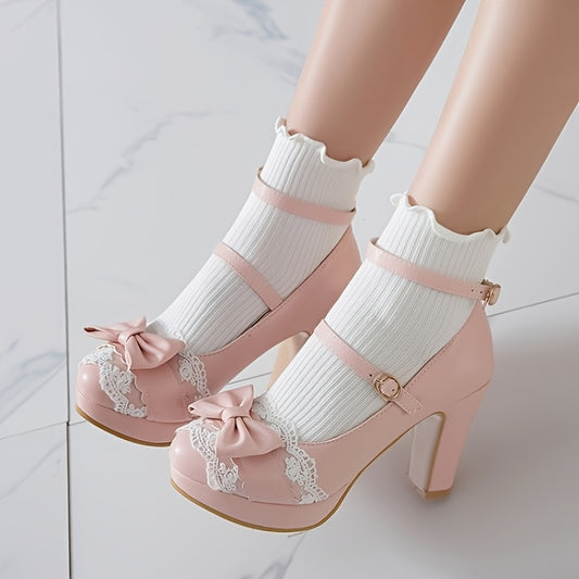 Pink Elegant Women's Mary Jane Pumps Kawaii-Style High Heel Block Heel