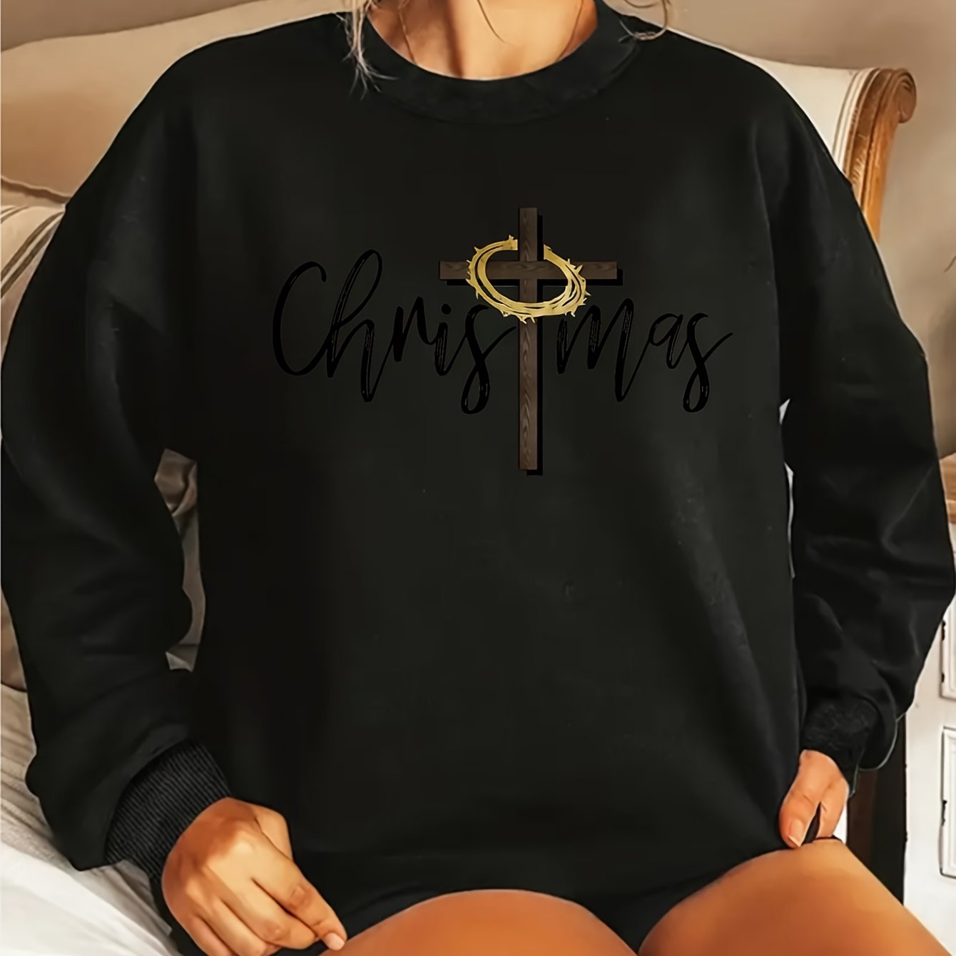 Oversized Crewneck Sweater With Cross Print