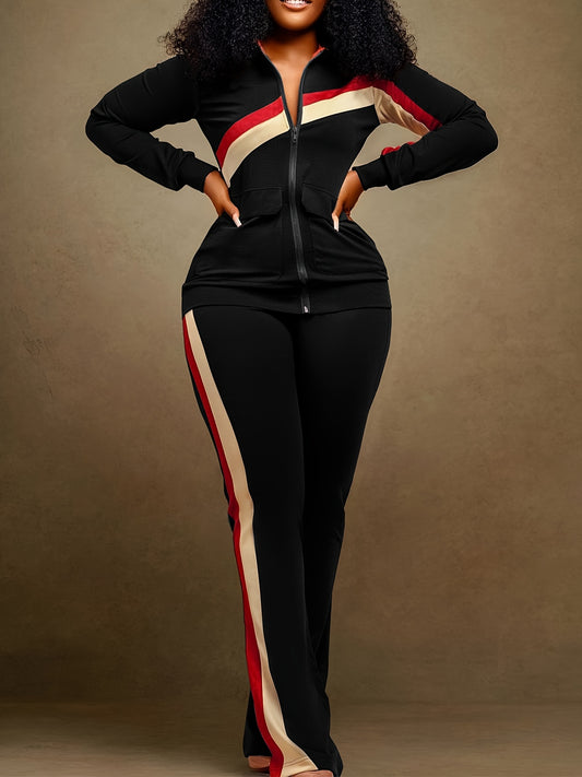 Autumn Striped Zipper Cardigan And Wide Leg Pants Set