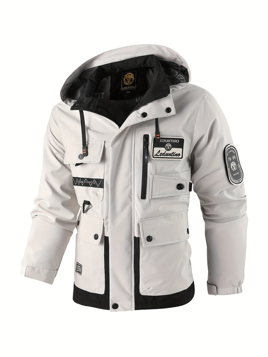 LEDUNTINO Mens Stand Collar Hooded Multi Pocket Jacket