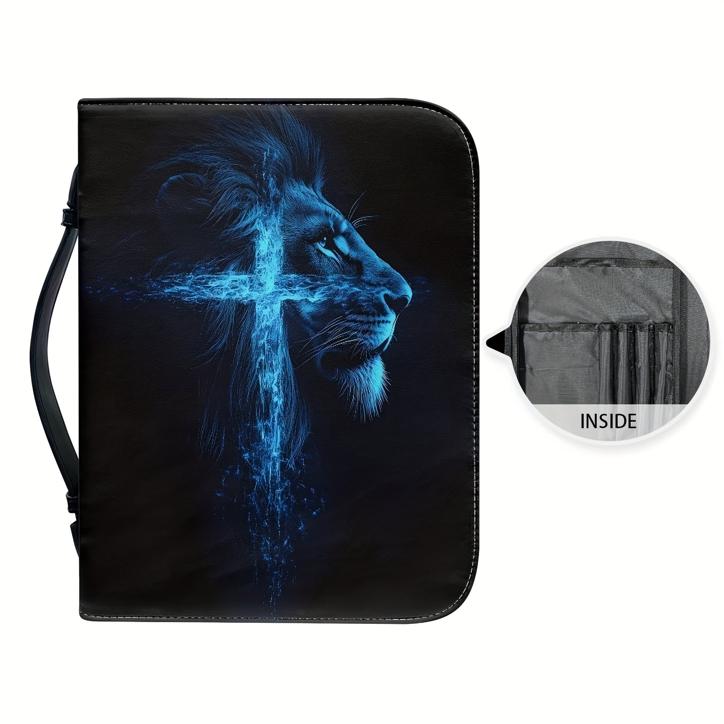 Mens PU Leather Bible Cover Lion Cross Design Everyday