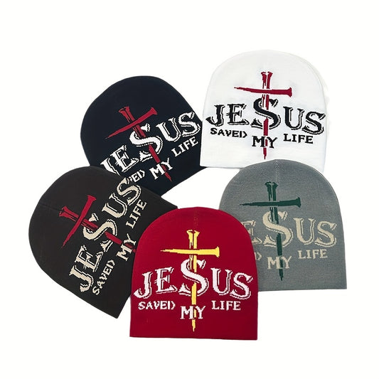 3pcs, Jesus Saved My Life Rapper Unisex Jacquard Beanie Hat for Autumn and Winter Outdoor Versatile Cycling Warm Adult Hats in Three Colors: Red, Black, White