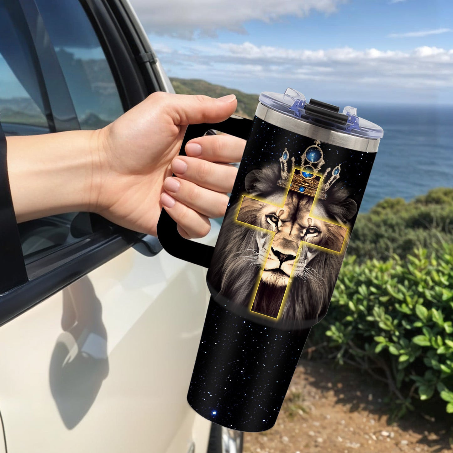Stainless Steel Christian Tumbler Lion Of Faith With Straw