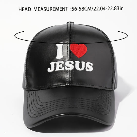 Faux Leather Baseball Cap with "I Love Jesus" Embroidery - Adjustable Snapback