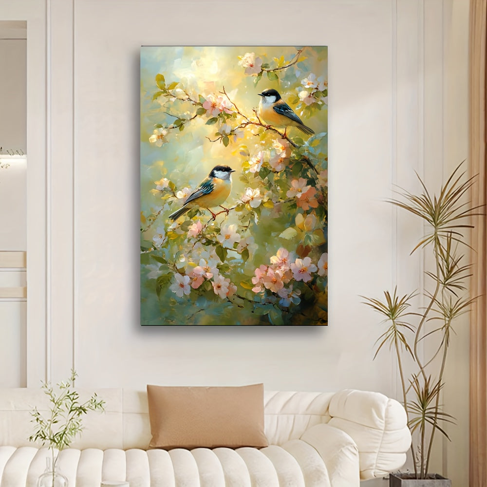 Serene Birds On Flower Branches In Wood Frame Canvas