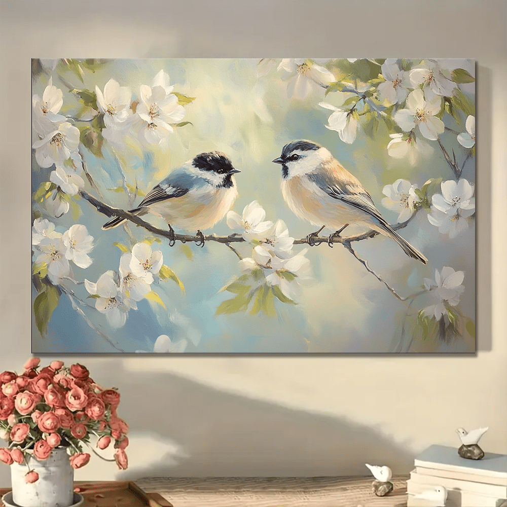 Birds and Flowers Large Wooden Frame Wall Art Print