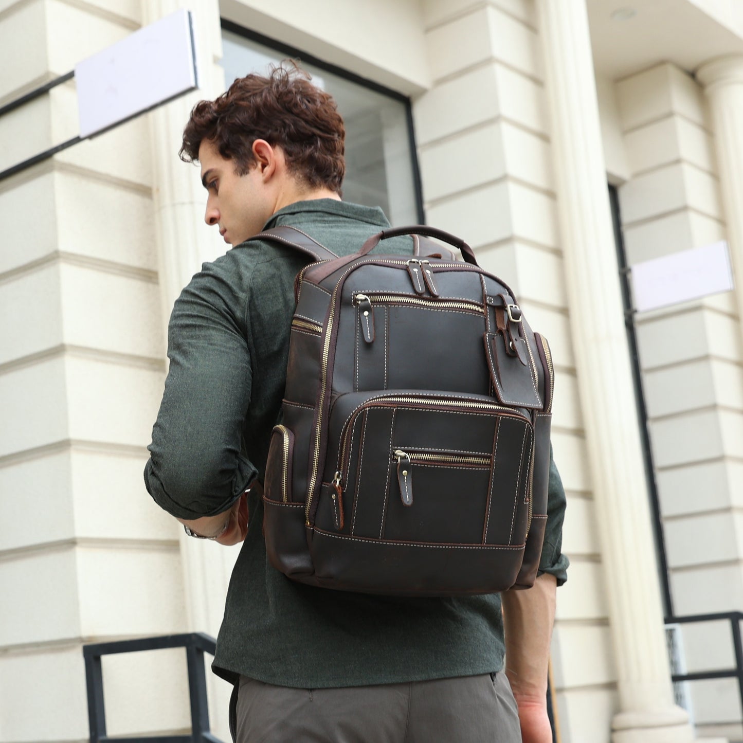 Genuine Leather Laptop Backpack Large Capacity Rucksack