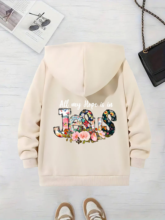 Long Sleeve Hooded Zip Up Sweatshirt With Jesus Print