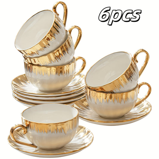 12 pieces/6 sets, European-Style Exquisite Ceramic Coffee or Tea Cup and Plate Set, Light Luxury Ceramic, 250ml