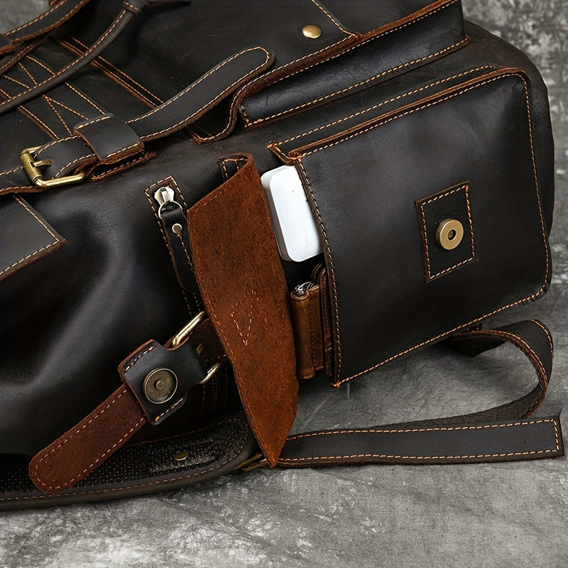 IHDP Retro Leather Backpack Genuine Cowhide Rucksack