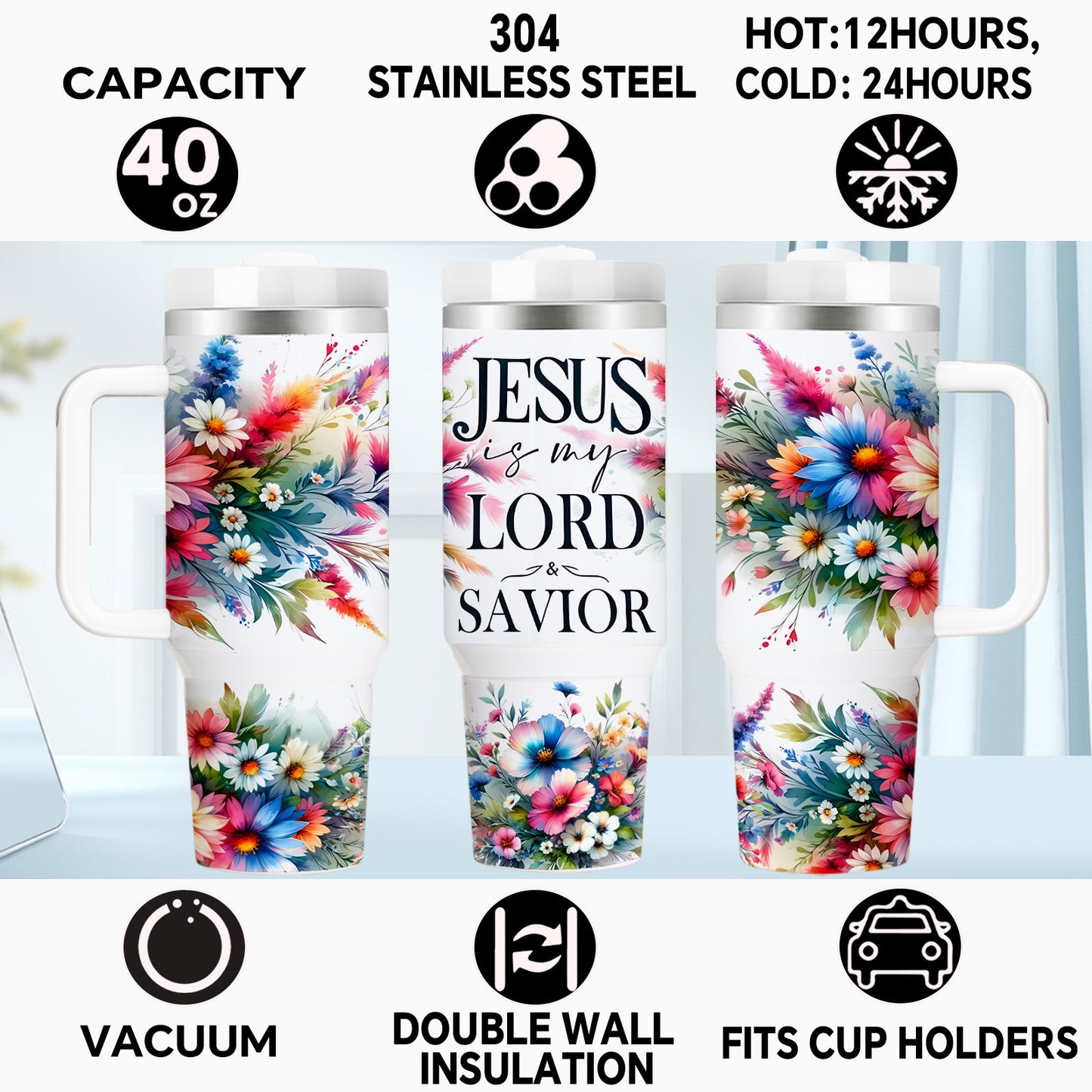 40oz Double Insulated, Tumbler with Lid and Straw, Christian, Floral, BPA-Free