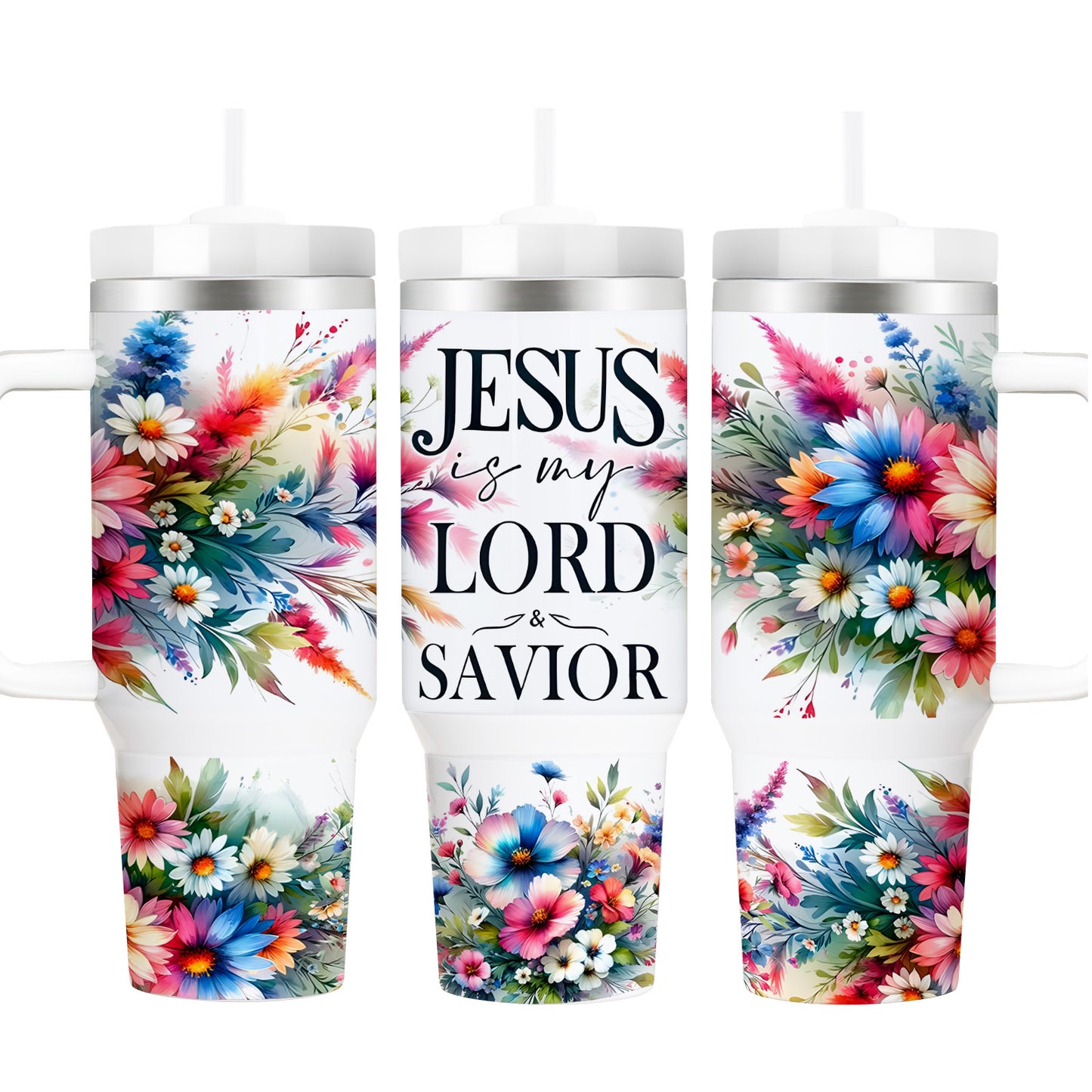 40oz Double Insulated, Tumbler with Lid and Straw, Christian, Floral, BPA-Free
