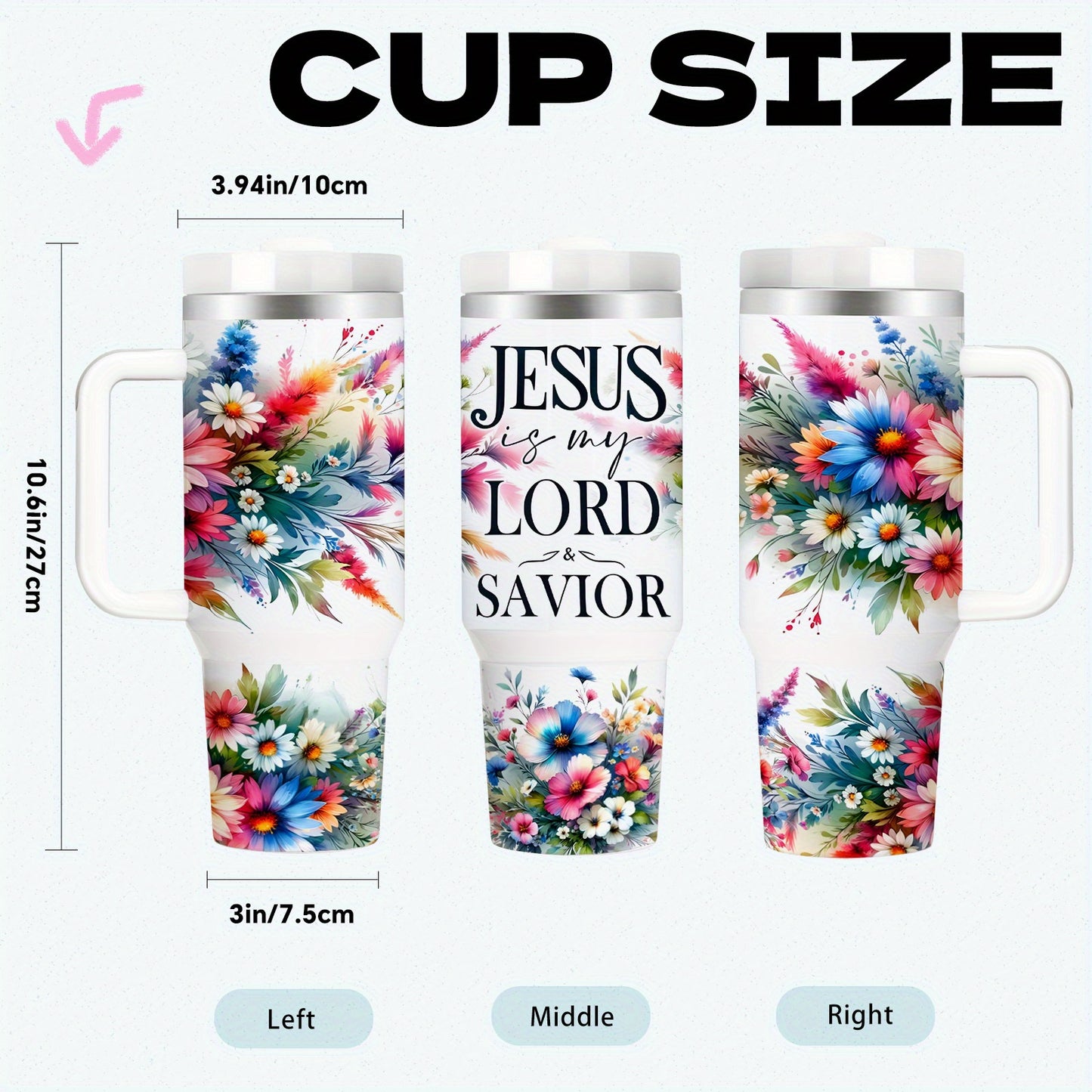 40oz Double Insulated, Tumbler with Lid and Straw, Christian, Floral, BPA-Free