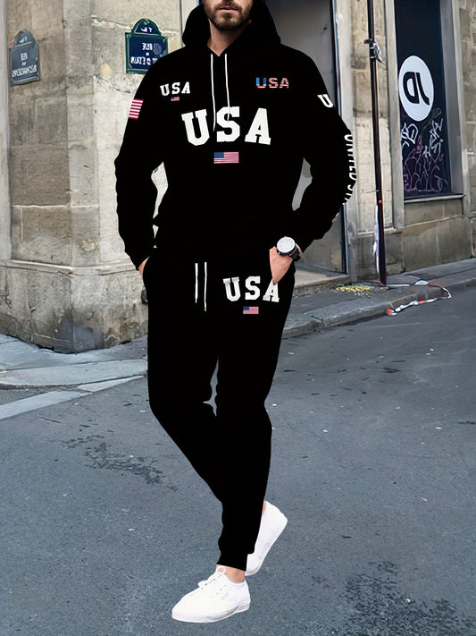 Hooded Polyester Joggers Sweatsuit Set for Casual Men