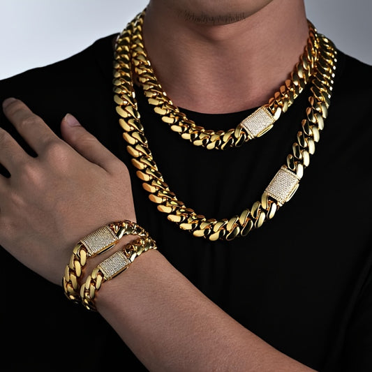 Men's Zirconium Necklace Bracelet Set Durable Stainless Steel
