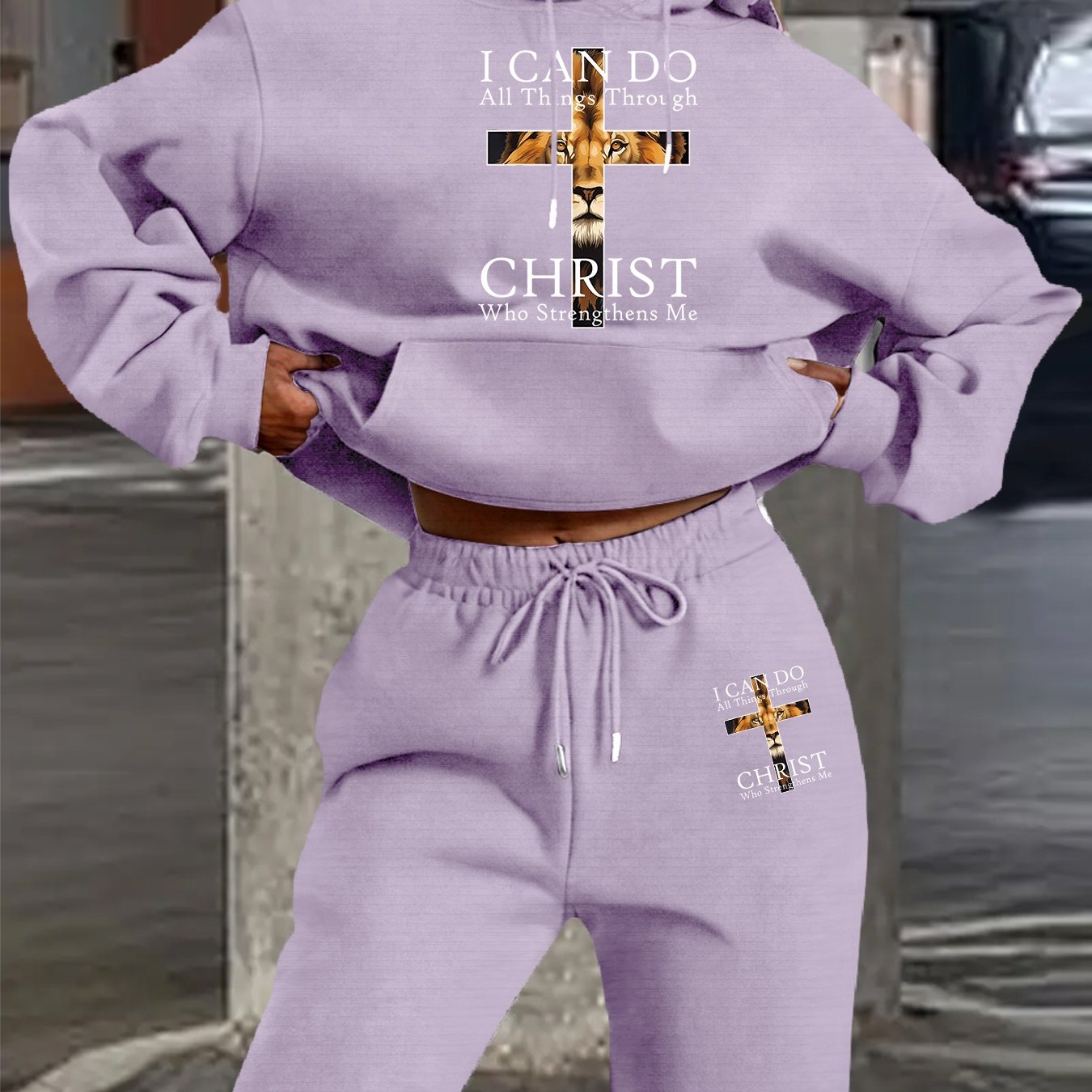 2025 Autumn Winter New Arrival, Christian Religious Letter Print Hoodie, Casual Loose Fit Warm Long Sleeve Pullover with Drawstring Waist and Pants Two-Piece Set, Women' Ribbed Two Piece Sweater Set, Airport Outfit For Women