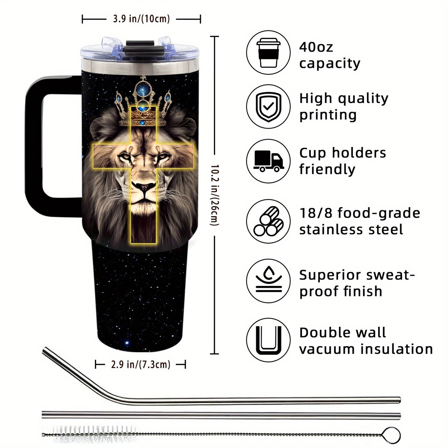 Stainless Steel Christian Tumbler Lion Of Faith With Straw
