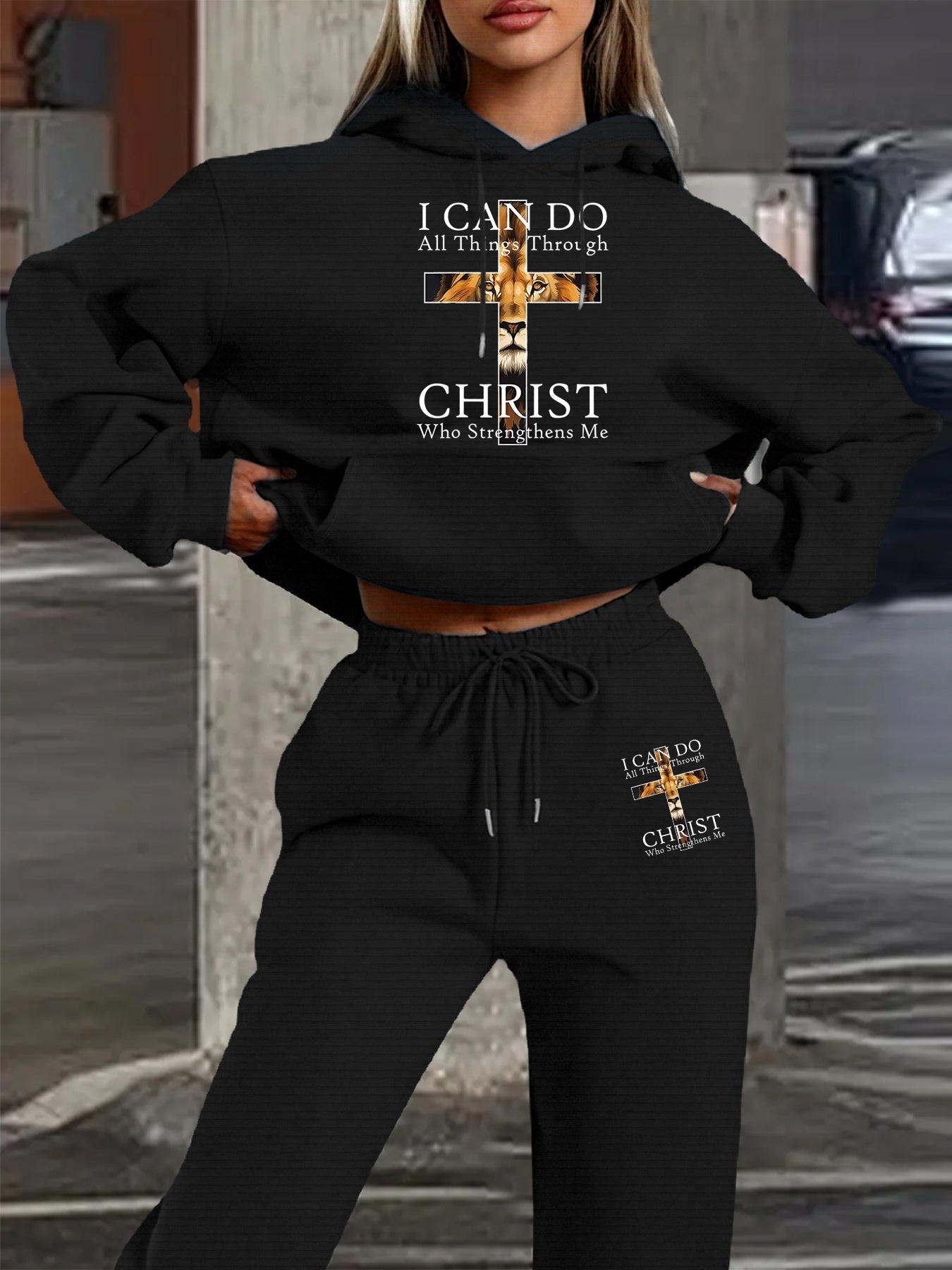 2025 Autumn Winter New Arrival, Christian Religious Letter Print Hoodie, Casual Loose Fit Warm Long Sleeve Pullover with Drawstring Waist and Pants Two-Piece Set, Women' Ribbed Two Piece Sweater Set, Airport Outfit For Women