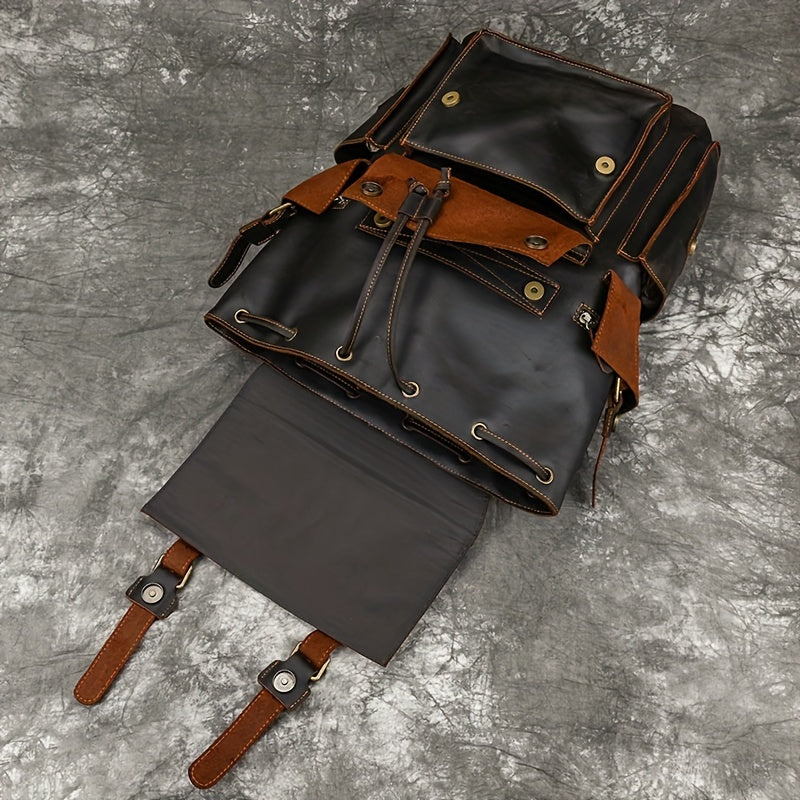 IHDP Retro Leather Backpack Genuine Cowhide Rucksack