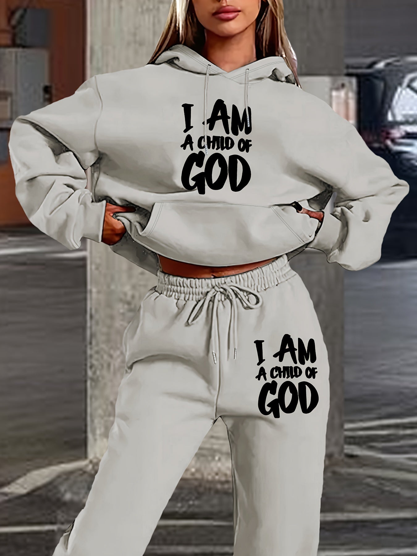 [New "I Am a of God" Hoodie Set] 2024 New Women's Casual "I Am a of God" Print Hoodie & Sweatpants Set, Beige, Long Sleeve Hooded Pullover with Pockets, Comfortable Polyester Blend for Fall/Winter