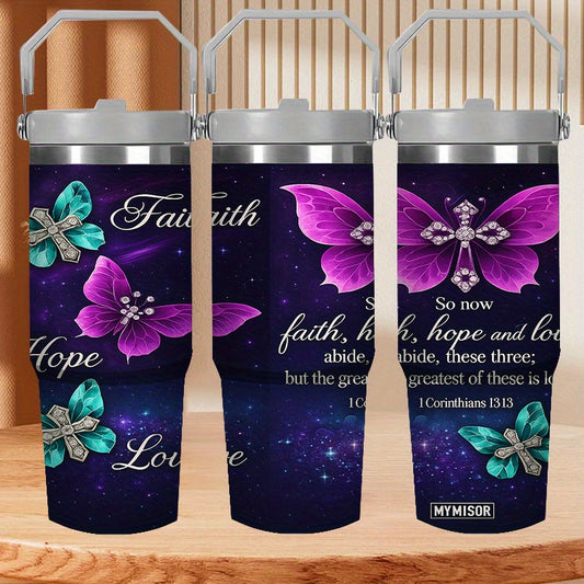 30oz Stainless Steel Tumbler with Straw & Handle, Purple Glitter, I Peter 1:3