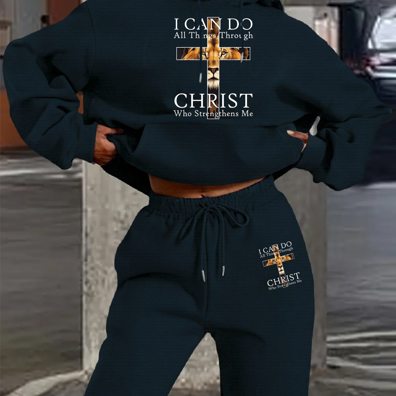 2025 Autumn Winter New Arrival, Christian Religious Letter Print Hoodie, Casual Loose Fit Warm Long Sleeve Pullover with Drawstring Waist and Pants Two-Piece Set, Women' Ribbed Two Piece Sweater Set, Airport Outfit For Women