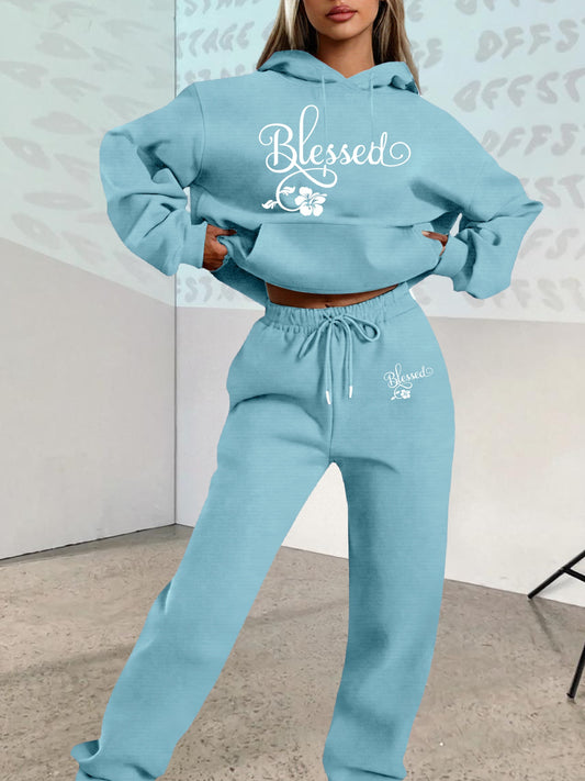 2025 Fall/Winter New Arrival, Creative Letter Graphic: Blessing Flower Sweatshirt Set with Casual Print Loose Warm Long-Sleeve Hooded Pullover and Elastic Drawstring Waist Pants Two-Piece Outfit