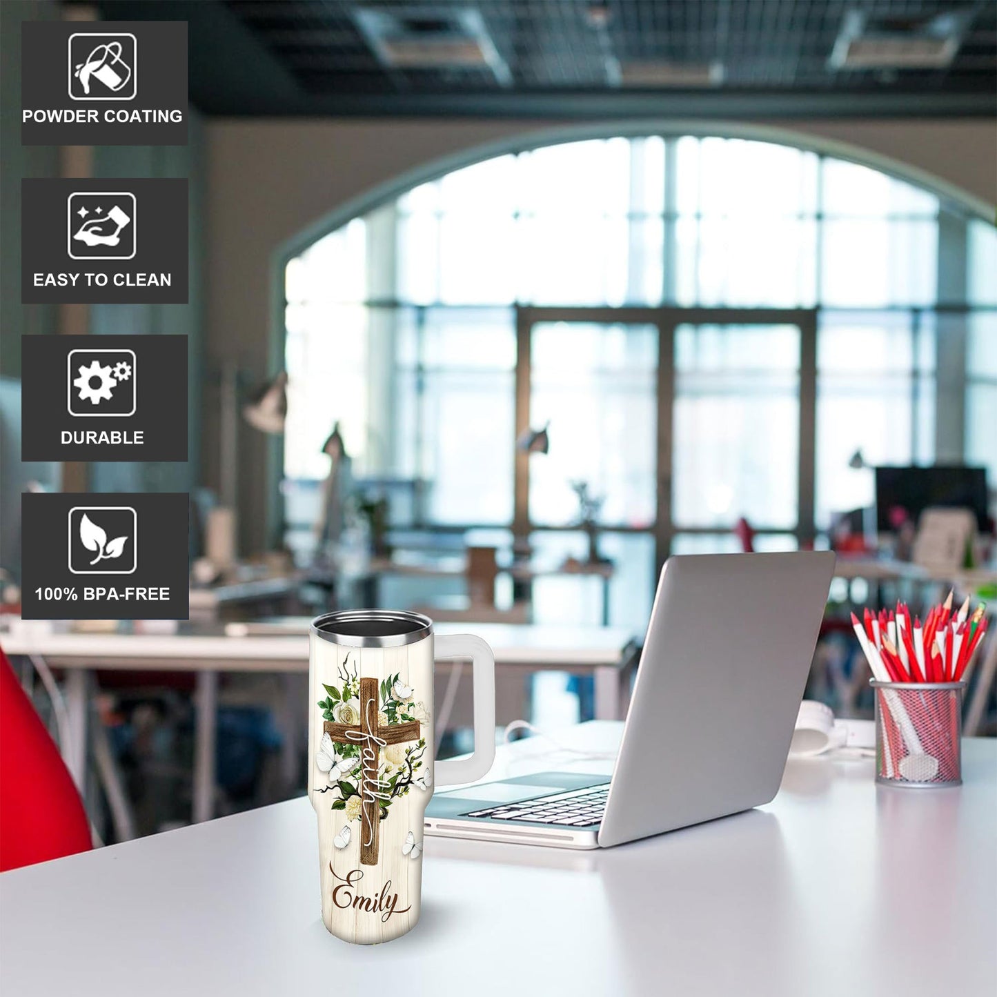 Floral Cross Tumbler Stainless Steel Vacuum Insulated Travel Mug