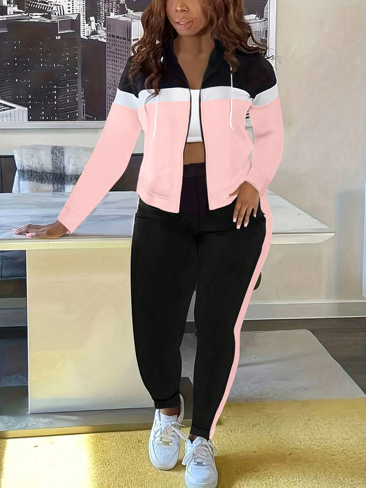 Women's Casual Striped Hooded Jacket And Pants Track Suit
