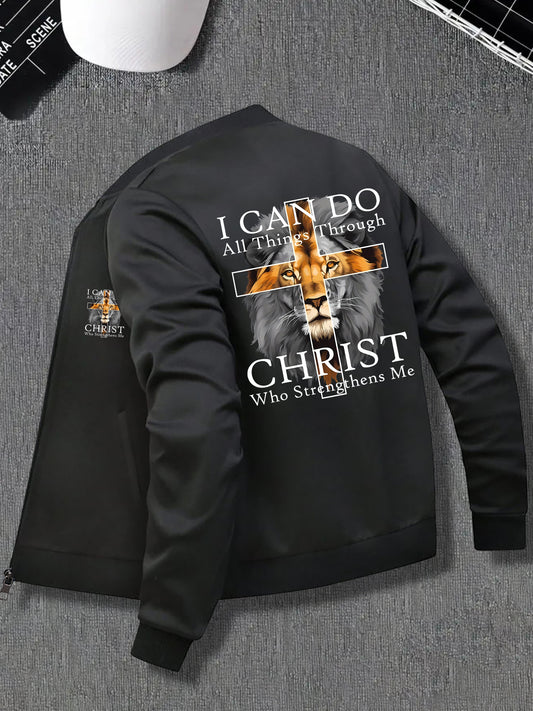 In His Divine Power Mens Lion Print Zip Up Jacket Pockets