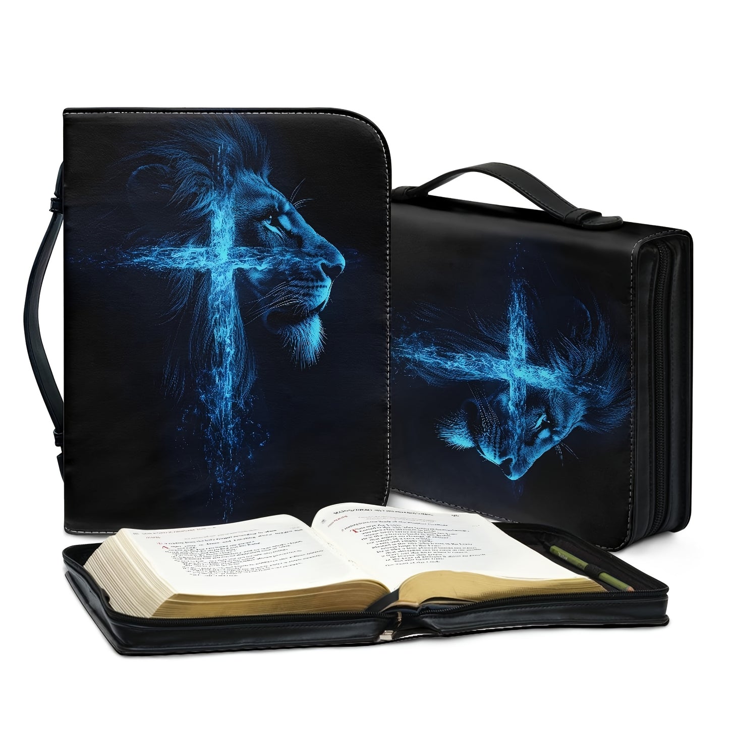 Mens PU Leather Bible Cover Lion Cross Design Everyday
