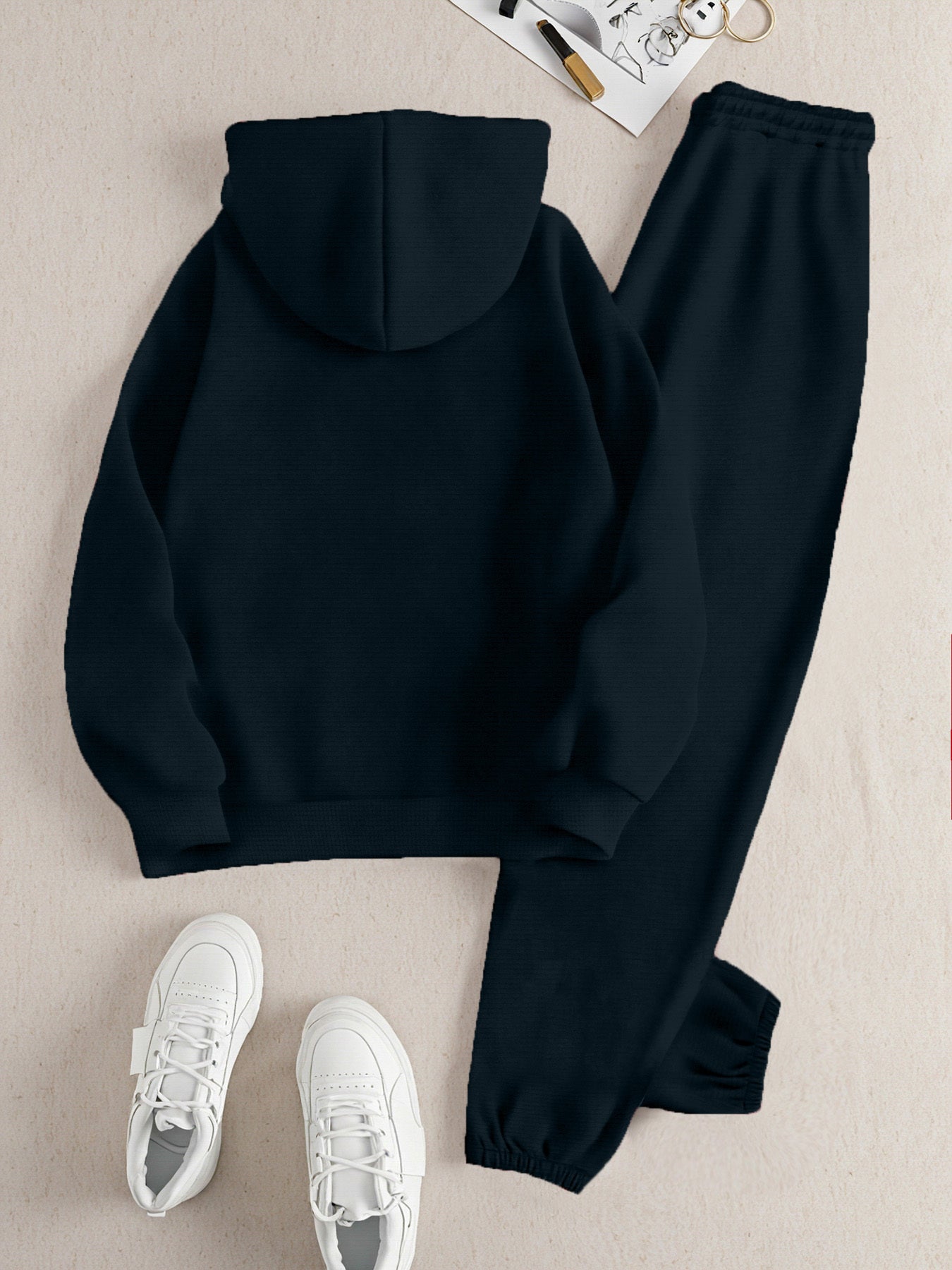 2025 Autumn Winter New Arrival, Christian Religious Letter Print Hoodie, Casual Loose Fit Warm Long Sleeve Pullover with Drawstring Waist and Pants Two-Piece Set, Women' Ribbed Two Piece Sweater Set, Airport Outfit For Women