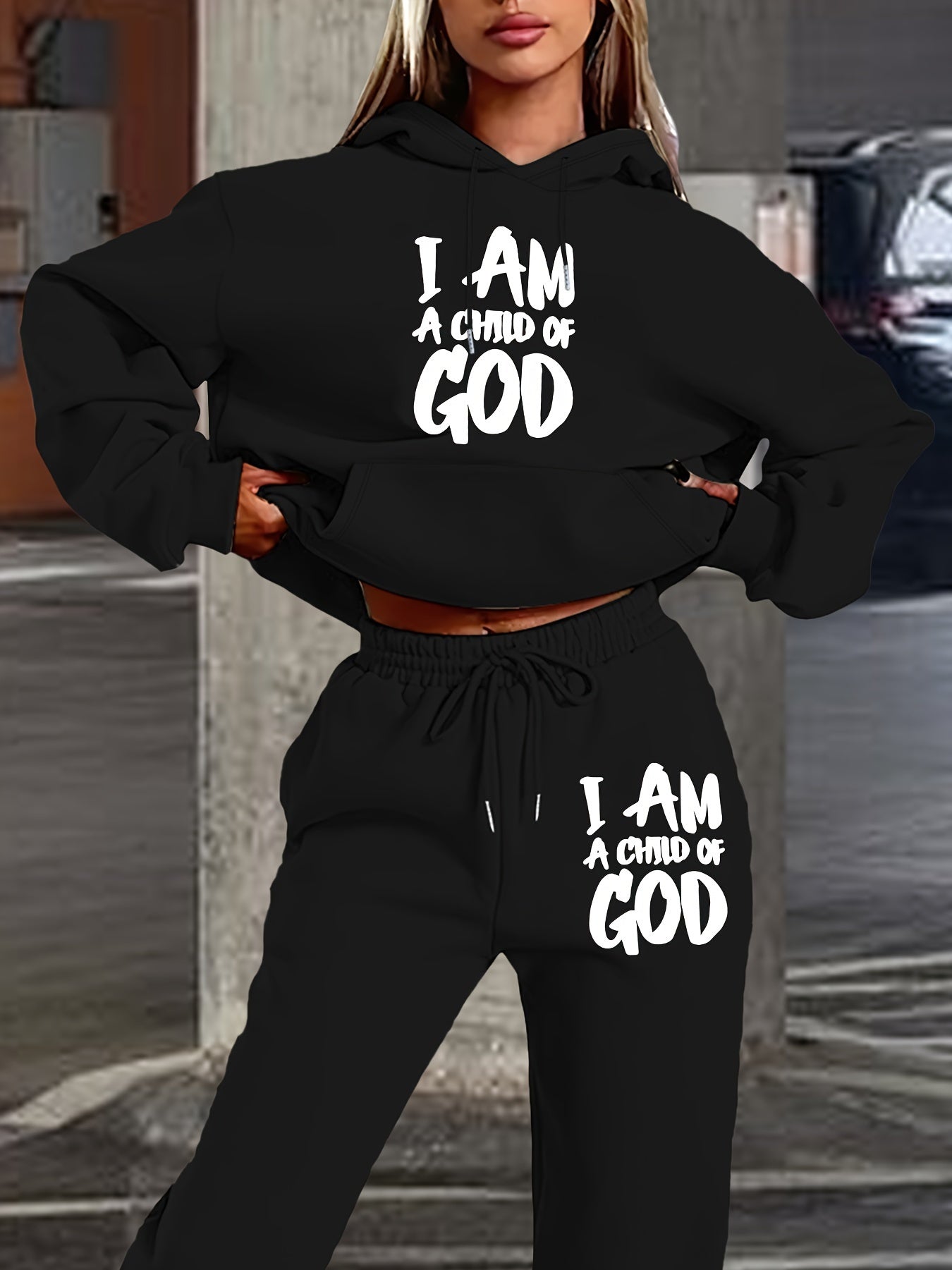 [New "I Am a of God" Hoodie Set] 2024 New Women's Casual "I Am a of God" Print Hoodie & Sweatpants Set, Beige, Long Sleeve Hooded Pullover with Pockets, Comfortable Polyester Blend for Fall/Winter