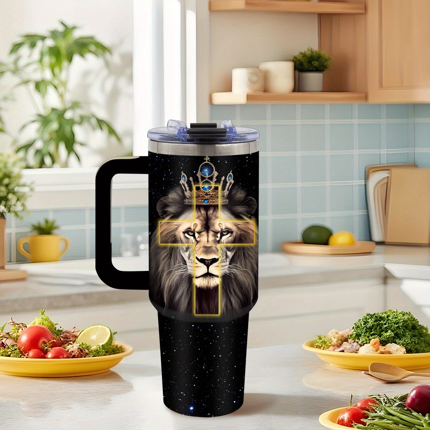 Stainless Steel Christian Tumbler Lion Of Faith With Straw