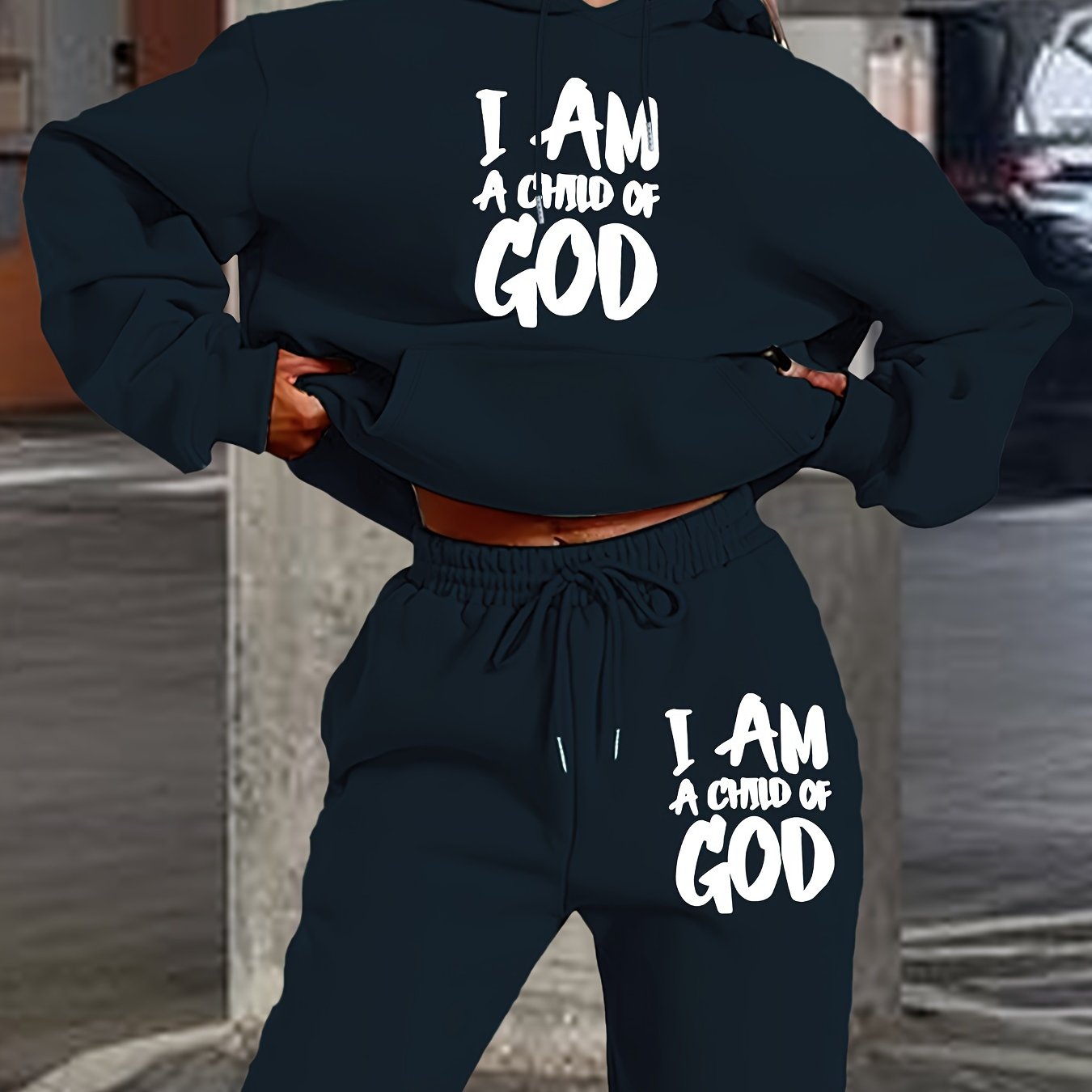[New "I Am a of God" Hoodie Set] 2024 New Women's Casual "I Am a of God" Print Hoodie & Sweatpants Set, Beige, Long Sleeve Hooded Pullover with Pockets, Comfortable Polyester Blend for Fall/Winter
