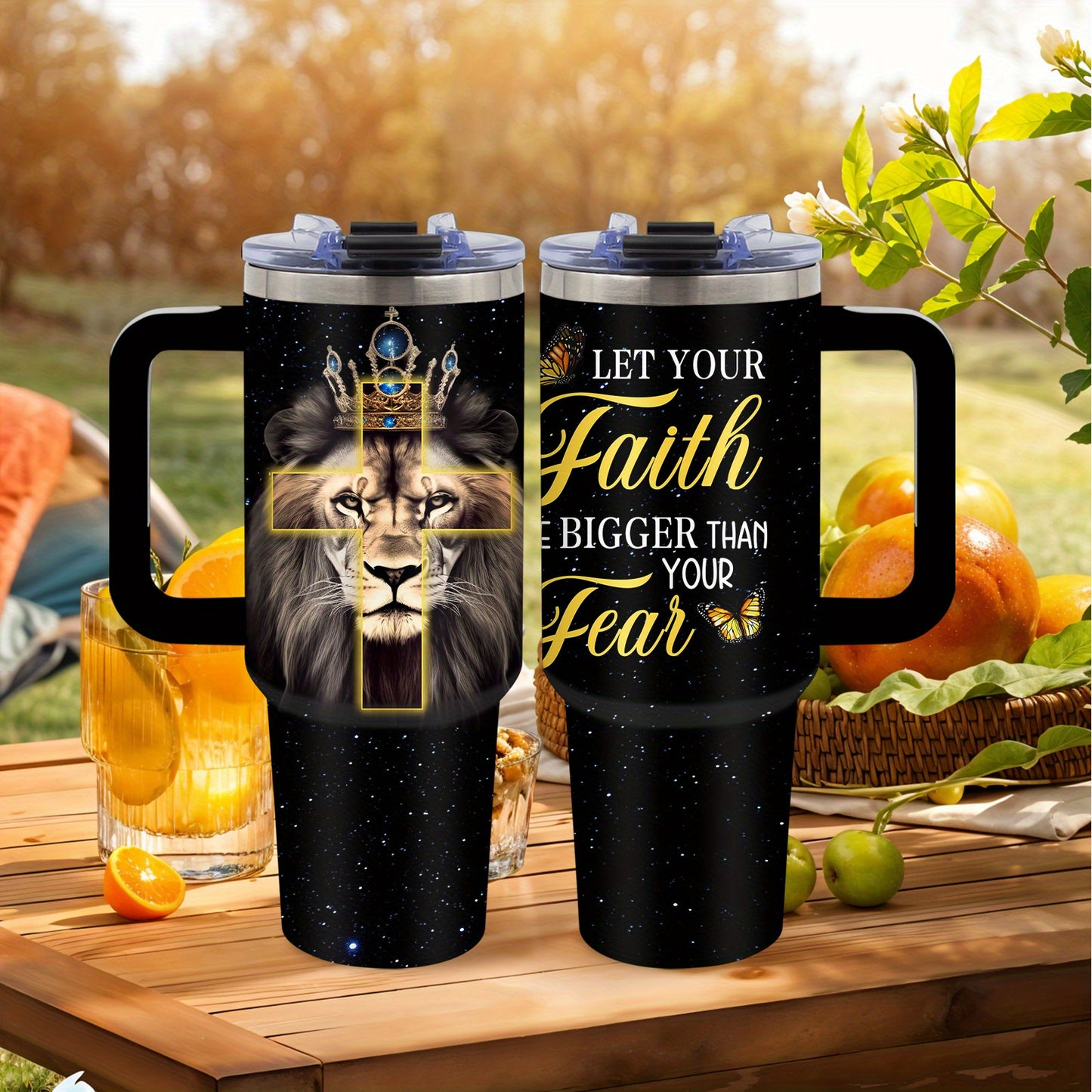 Stainless Steel Christian Tumbler Lion Of Faith With Straw
